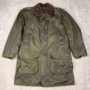 Barbour Jacket Mens Large C38 87 Green Border Wax Cotton Oil Skin Flannel Lined